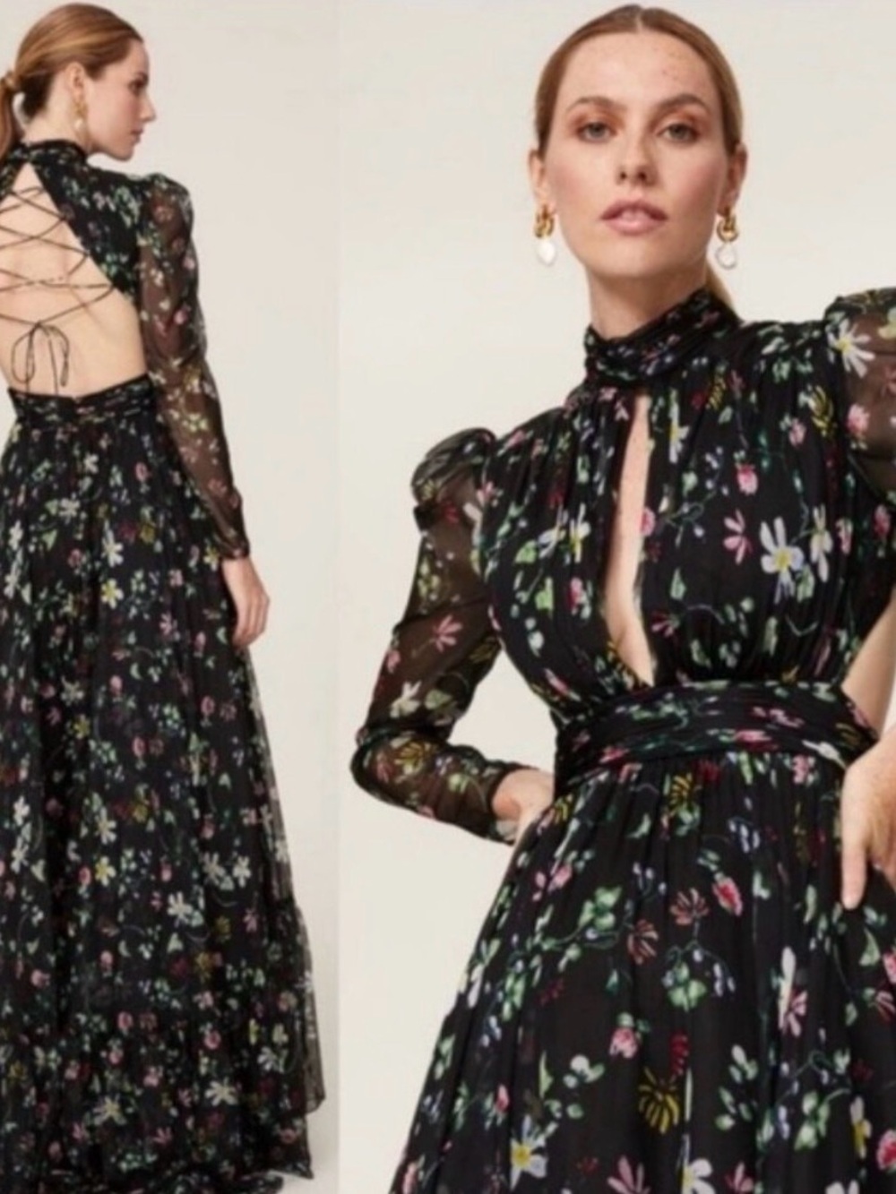 Mac Duggal Black Floral Chiffon Maxi Dress with Open Lace Back